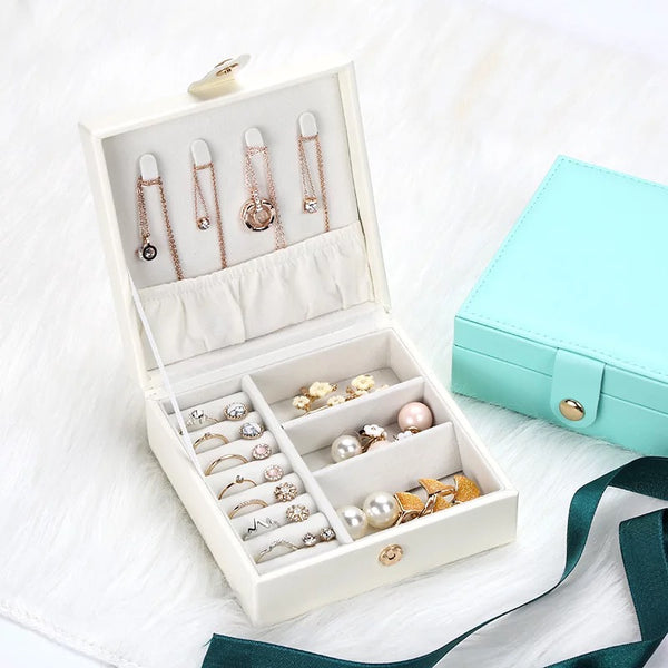Simple Solid Color Square Leather Portable Mini Travel Jewelry Box - Nillishome