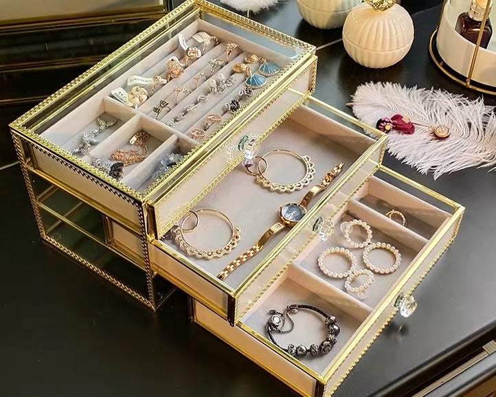 Metal glass jewelry cosmetics storage box with cream velvet tray 3 layers - Nillishome
