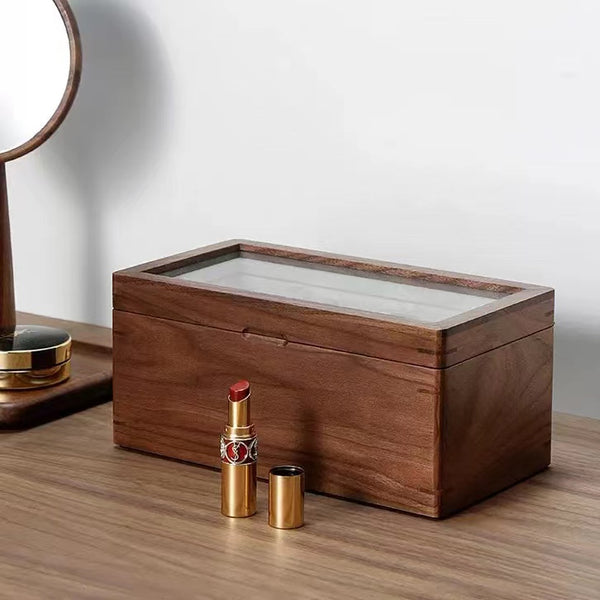 Walnut Wooden Lipsticks Storage Box With Large Glass Top . Lipstick Holder 32 Slots