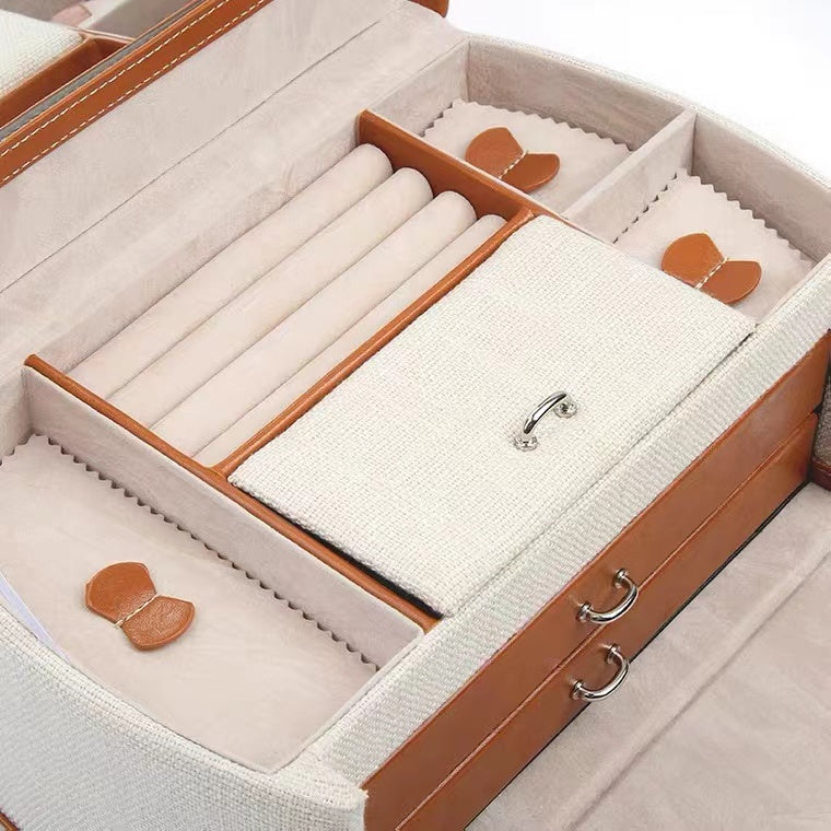 3 Layers One-Handed Linen Jewelry Box,with Portable Travel Jewelry Organizer