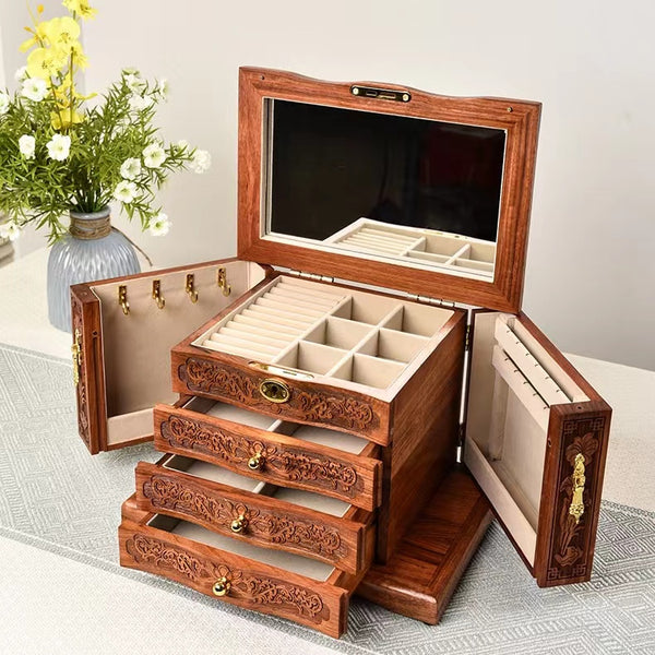 Hand Carved Rosewood 4 Layers Jewelry Box Organizer . Built-in Mirror and Lock