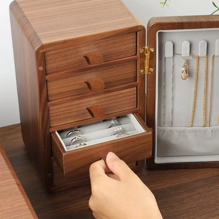 Walnut Jewelry Box Wooden Accessories Organizer With 6 Drawers And Swing Door
