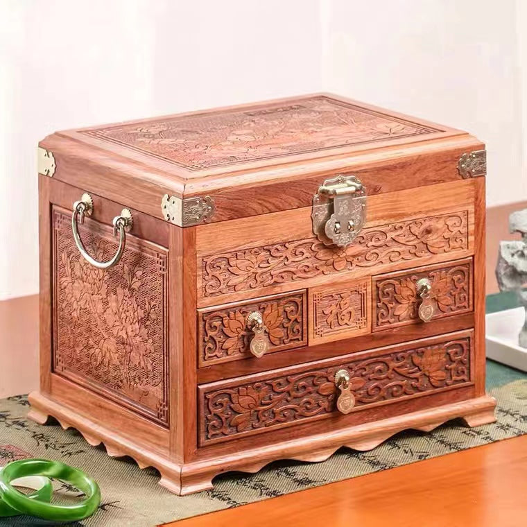 Hand Carved Rosewood & Sandalwood Jewelry Wooden Box Organizer With Lock And Mirror