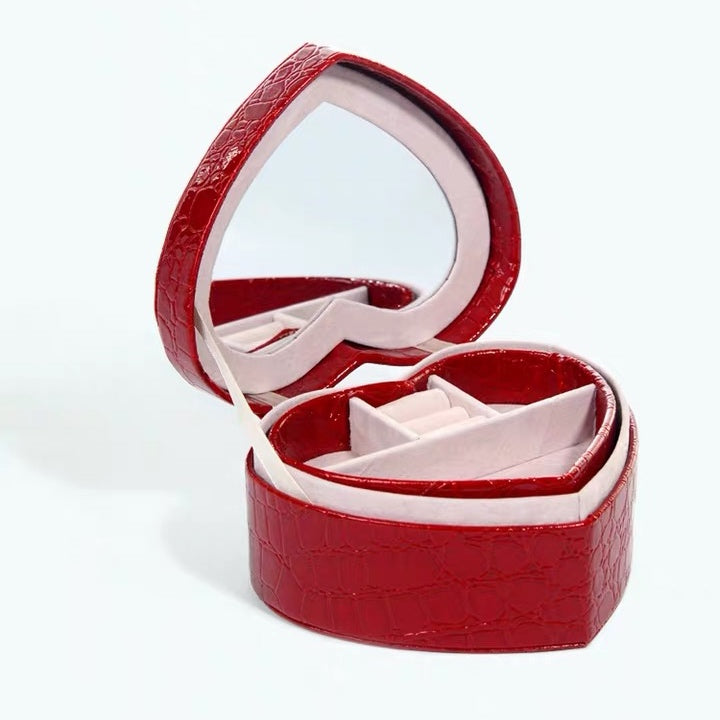 Portable Box Gift Red Heart Shape 2 Layers Jewelry Box Organizer  With Mirror - Nillishome