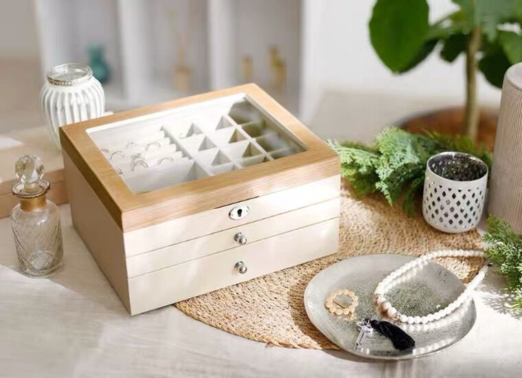 Wooden Jewelry Box with Glass Lid, 3-Layer Jewelry Organizer with Lock