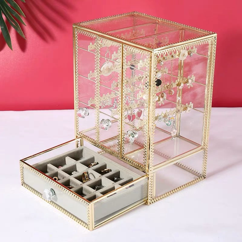 Glass Jewelry Box With Three Closet for Necklace Earrings Rings
