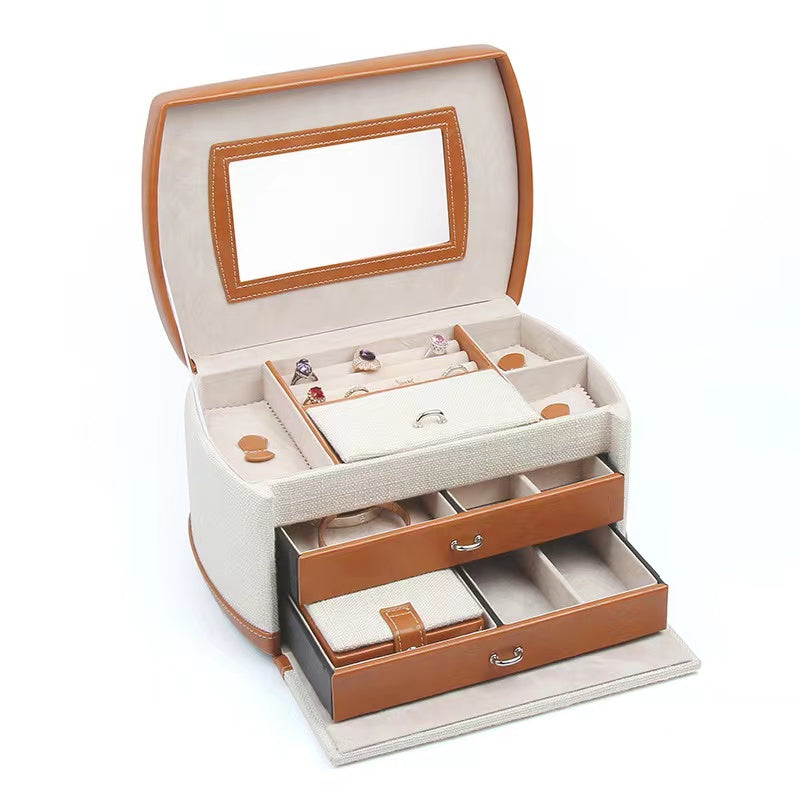 3 Layers One-Handed Linen Jewelry Box,with Portable Travel Jewelry Organizer