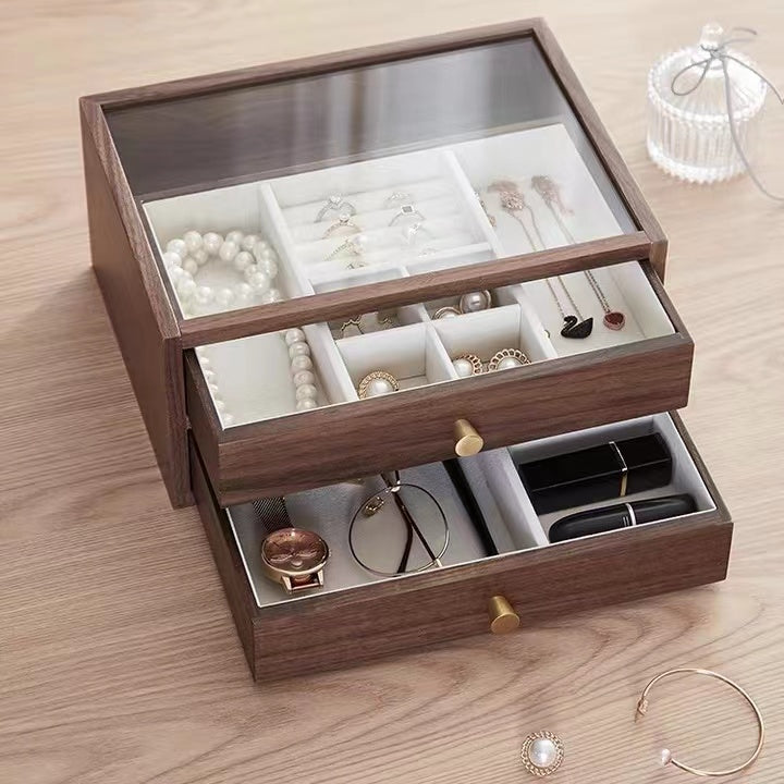 Walnut Jewelry Box Organizer with 2 Drawers and Transparent Glass Lid