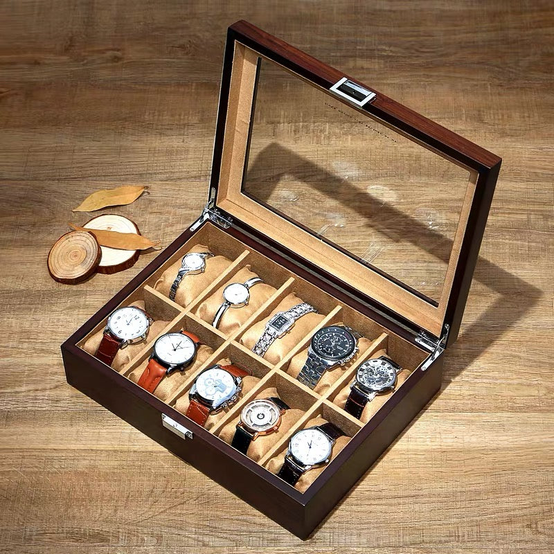 Wooden Watch Organizer 10 Slots  Large Glass Top .Jewelry Storage Case - Nillishome
