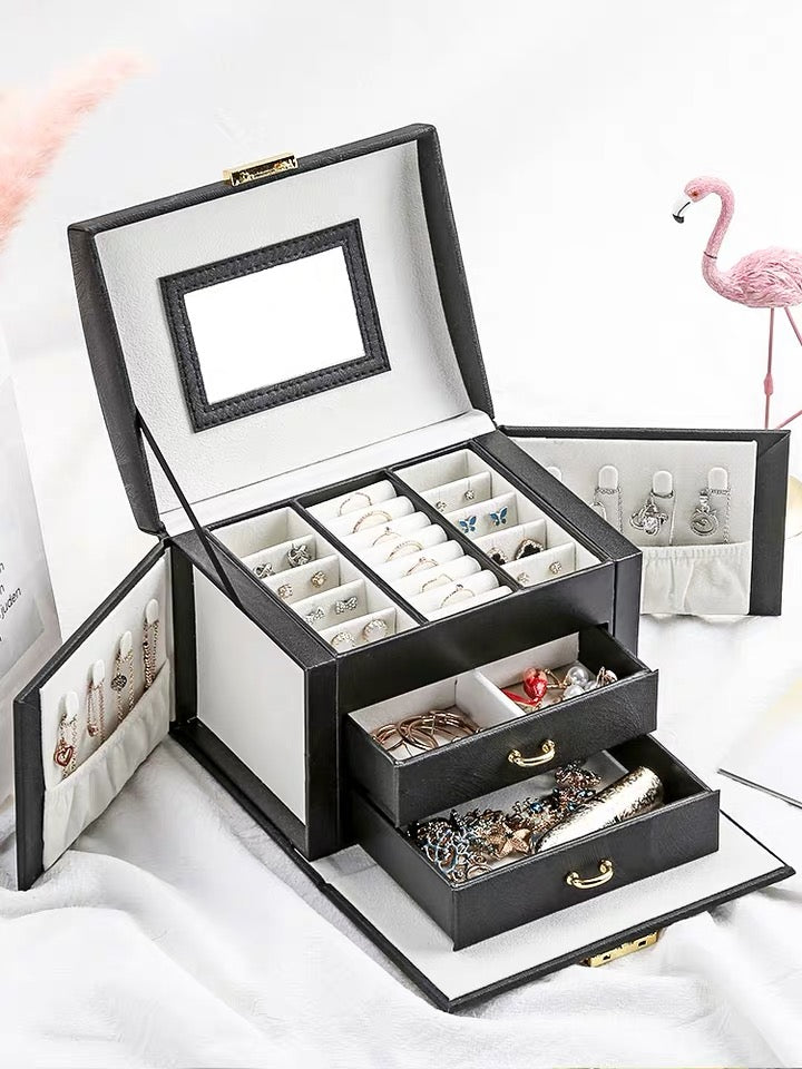 Multi-function Jewelry Box with Handle Mirror Lock Drawer Jewelry Organizer - Nillishome