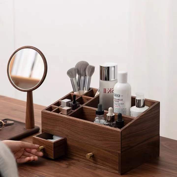 2-Piece Wooden Make Up Organizer , Wooden Cosmetic Storage Box With Removable Dividers