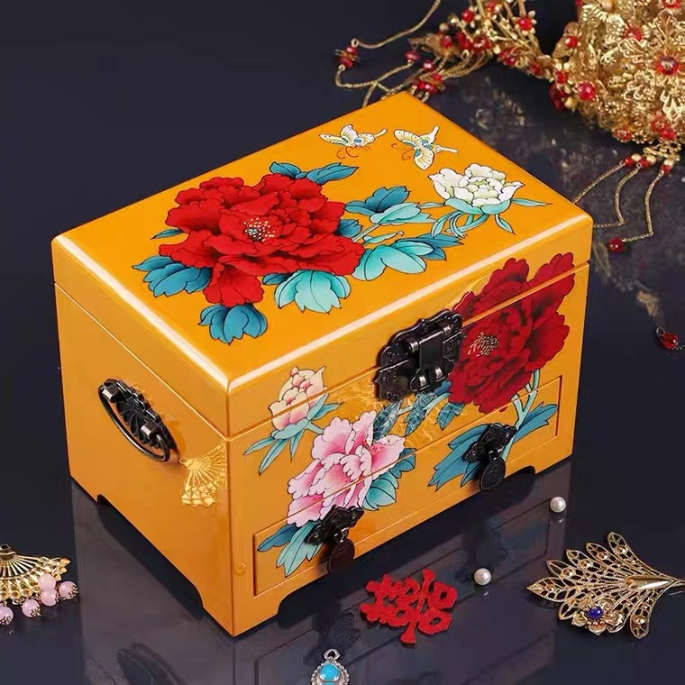 Wooden lacquer 2 Layers Jewelry box with hand-painted floral decoration