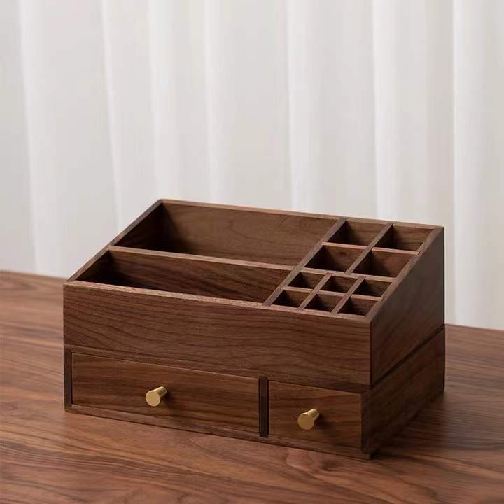 2-Piece Wooden Make Up Organizer , Wooden Cosmetic Storage Box With Removable Dividers