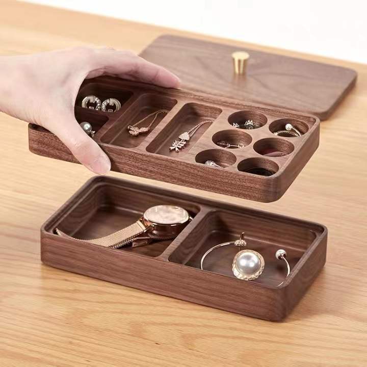 Black Walnut Jewelry Organizer Case, 2 Layers Organizer Storage Holder Boxes for Rings, Earrings, Necklaces, Bracelets