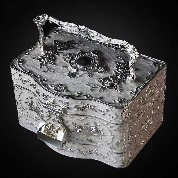 Vintage 3 Layers Jewelry Box Ornate Antique Finish Engraved with Lock Organizer Box