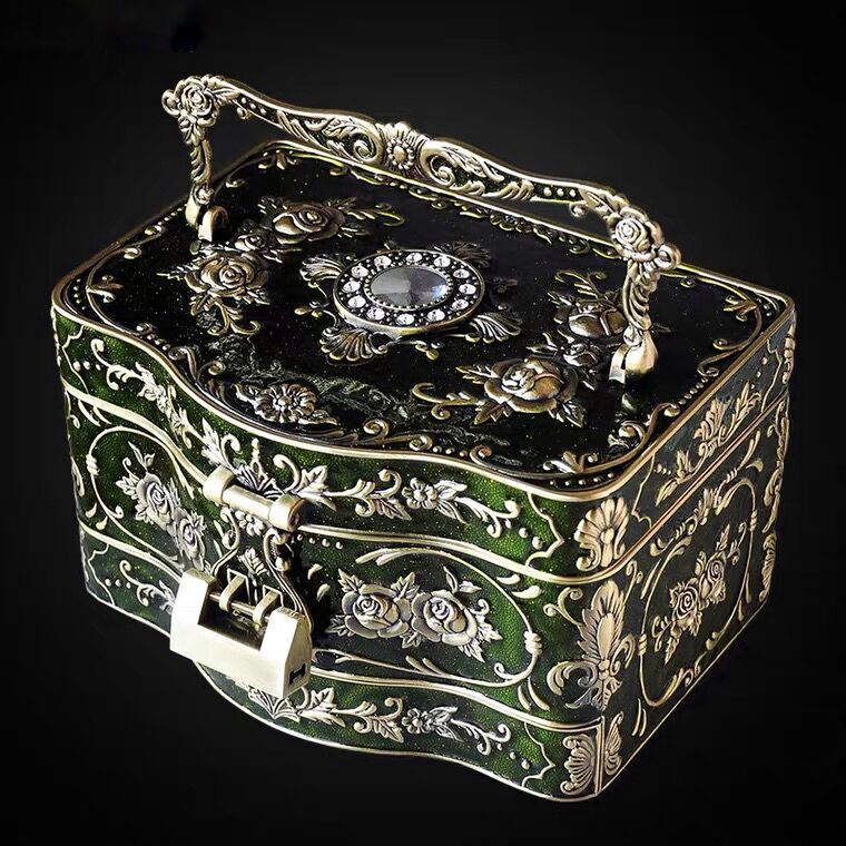Vintage 3 Layers Jewelry Box Ornate Antique Finish Engraved with Lock Organizer Box
