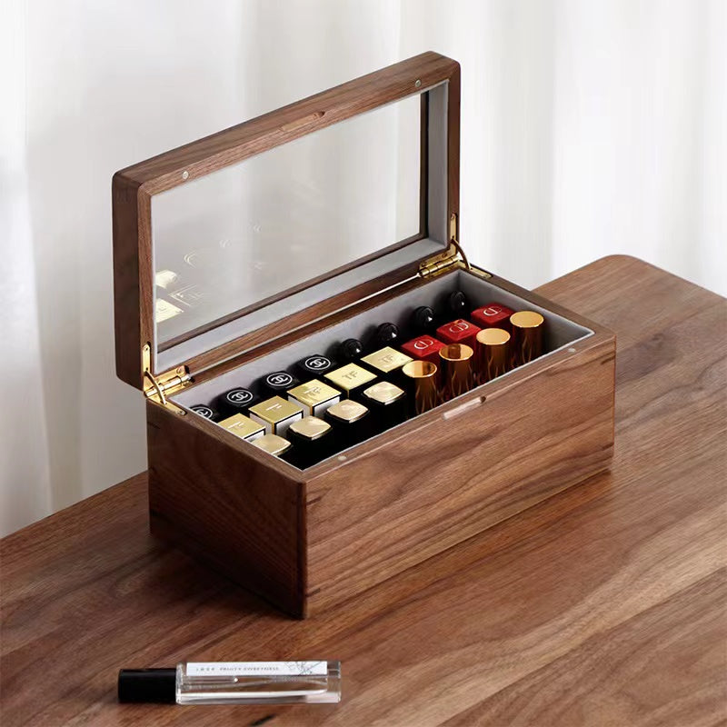 Walnut Wooden Lipsticks Storage Box With Large Glass Top . Lipstick Holder 32 Slots
