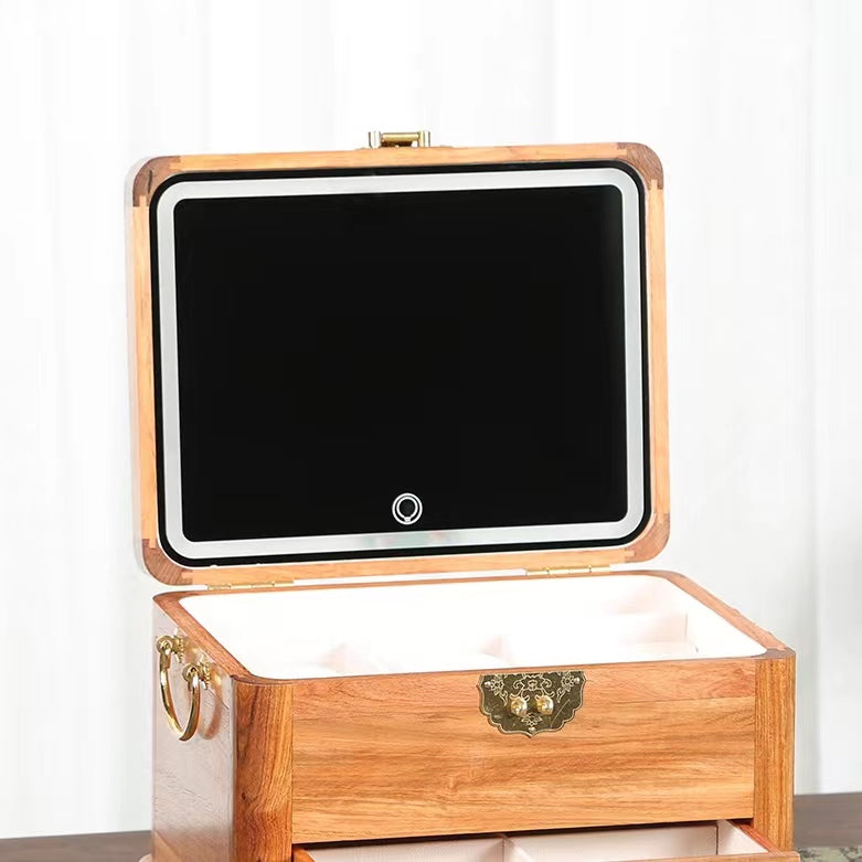 Large Size Rosewood Jewelry Box Organizer With Touch Screen LED Light Mirrored. 3 Colors Dimmable Light