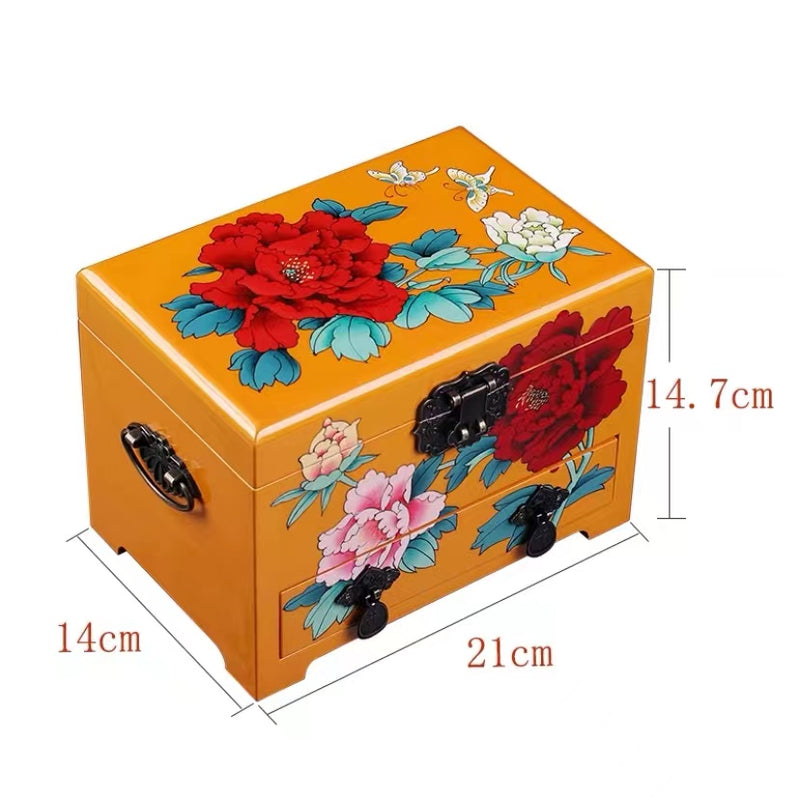 Wooden lacquer 2 Layers Jewelry box with hand-painted floral decoration