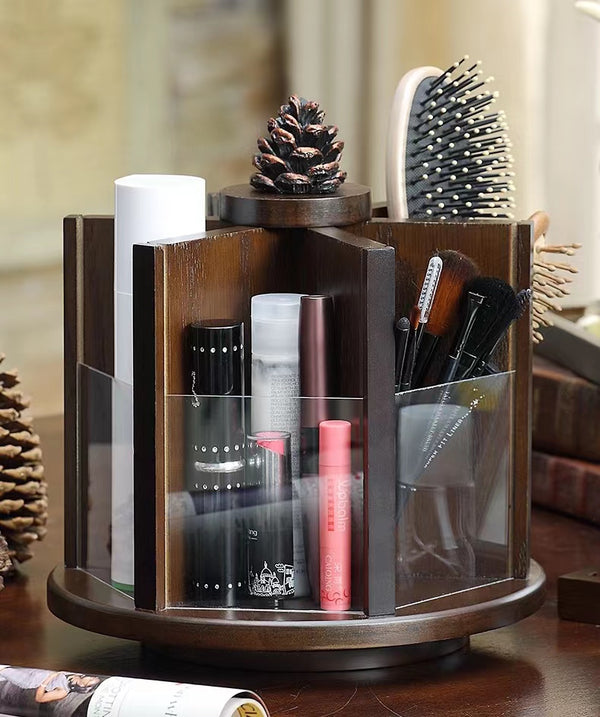Cosmetics Control Holder 360 Degrees Rotatable Desk Organizer , Wooden Desktop Storage Box