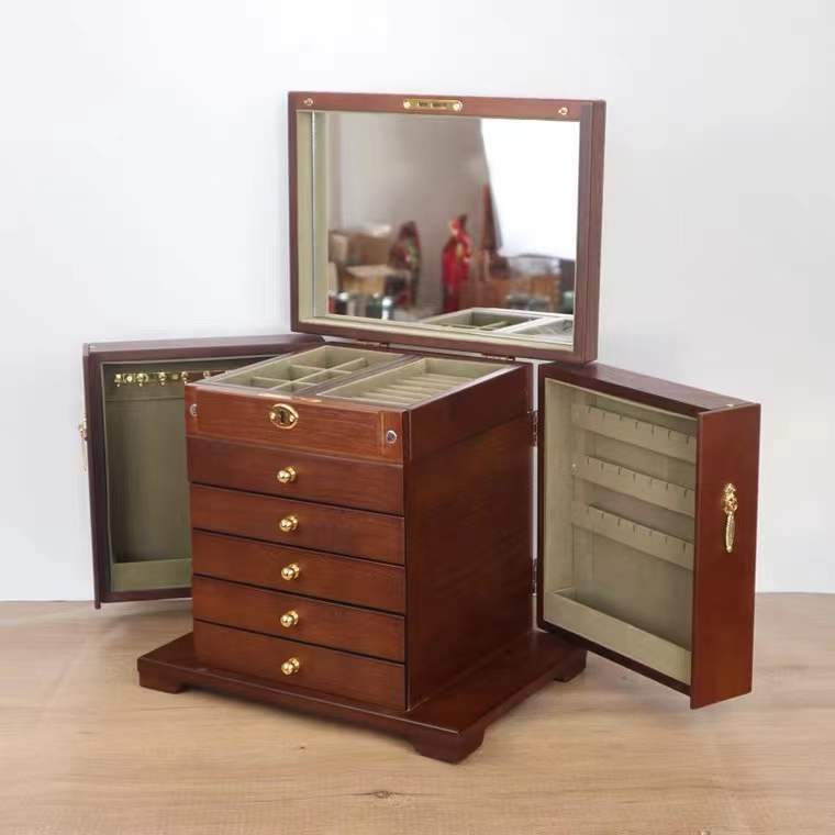 Large Wooden 6 Layers Jewelry Box Organizer with Mirror and Lock