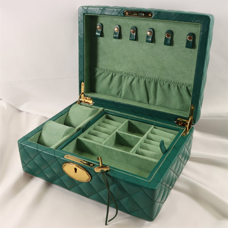 Luxury leather 2 Layers jewelry box with Lockable Jewelry Storage Case Watch Display