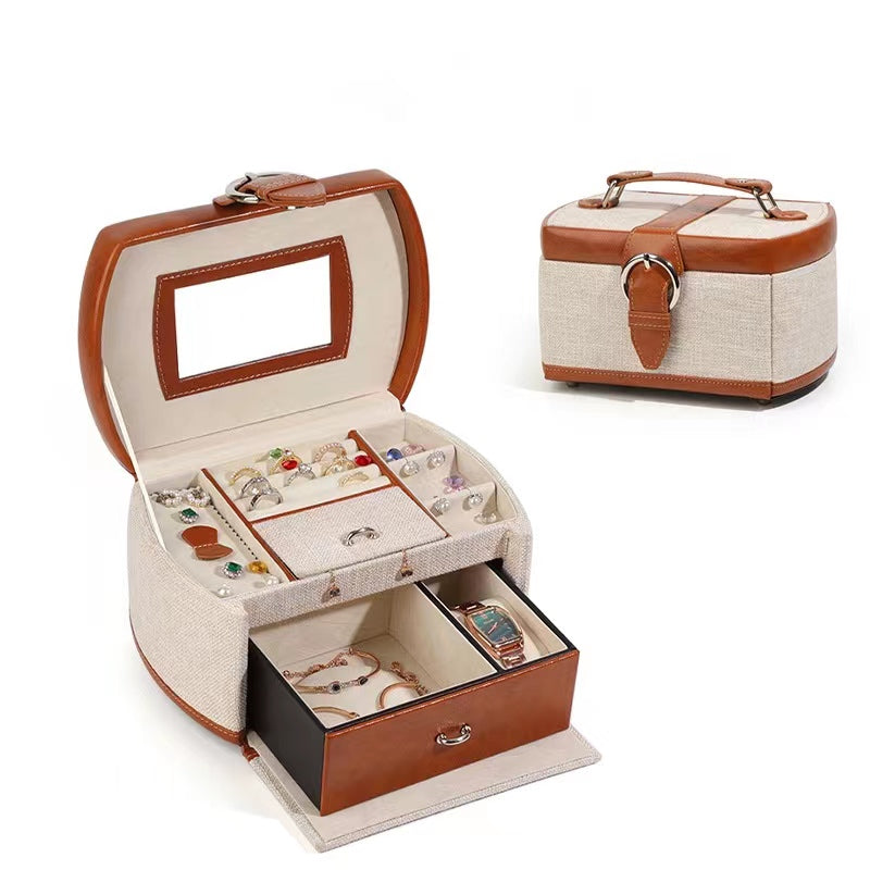 3 Layers OneHanded Linen Jewelry Box,with Portable Travel Jewelry Org