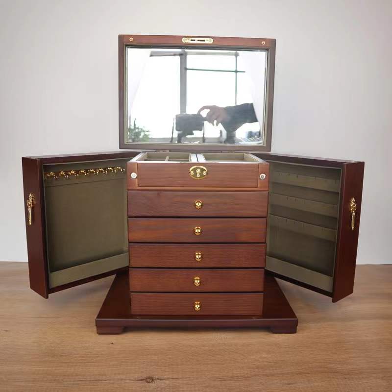 Large Wooden 6 Layers Jewelry Box Organizer with Mirror and Lock