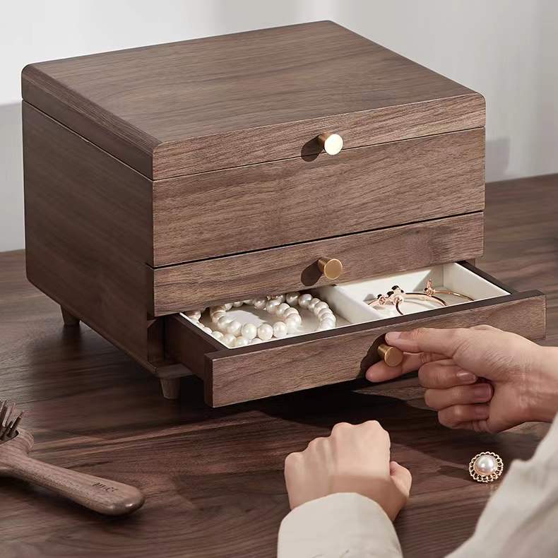 Walnut Wooden 4 Layers Jewelry Box Jewelry Storage Case With Mirror