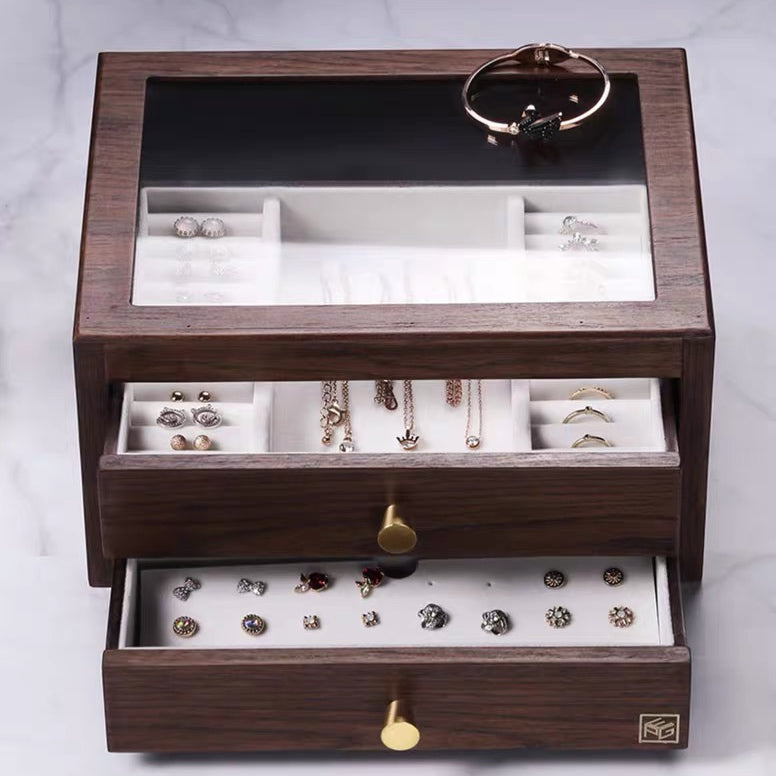 2 Drawers Jewelry Box with Glass Lid - Nillishome