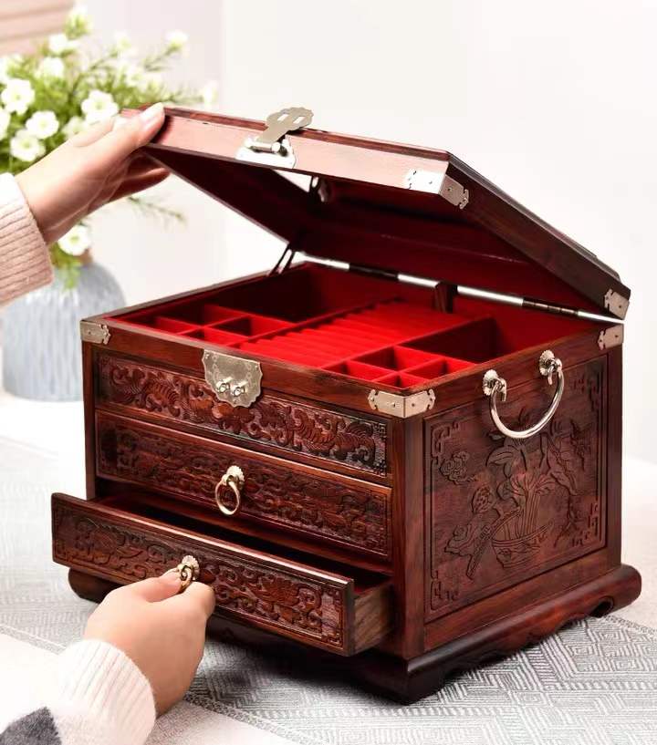 Hand Carved Rosewood 3 Layers Jewellery Wooden Box Organizer With A Key Lock
