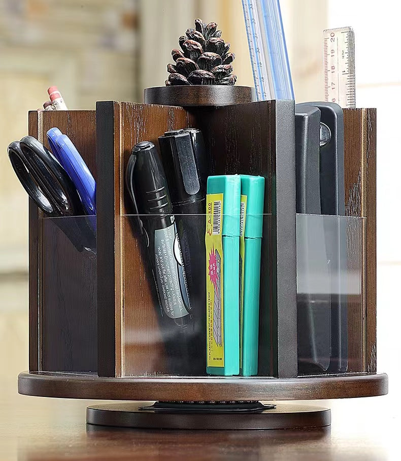 Cosmetics Control Holder 360 Degrees Rotatable Desk Organizer , Wooden Desktop Storage Box