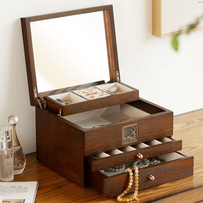 Life Style 4 Layers Wooden Jewelry Box Drawer Type Jewelry Organizer With Mirror - Nillishome