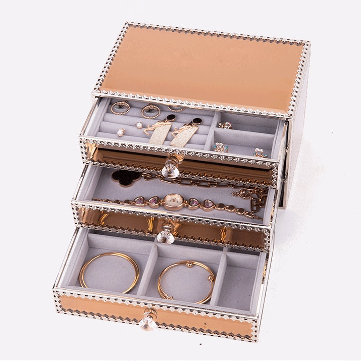 Champagne Rose Gold Metal Glass 3 Drawers Jewelry Box Vintage Jewelry Organizer - Nillishome