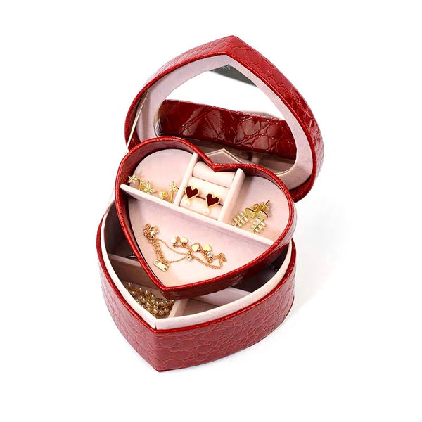 Portable Box Gift Red Heart Shape 2 Layers Jewelry Box Organizer  With Mirror - Nillishome