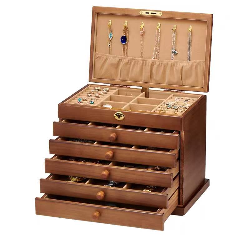 Large Upgrade Wood 6 Layers Jewelry Box Organizer With Lock And Key