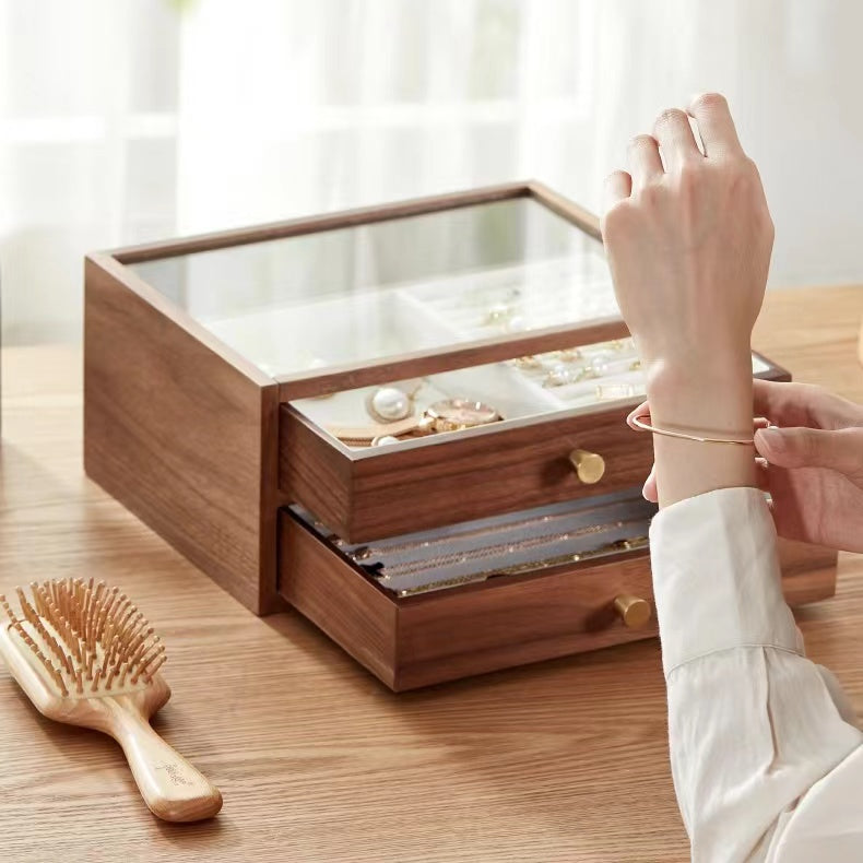 Walnut Jewelry Box Organizer with 2 Drawers and Transparent Glass Lid
