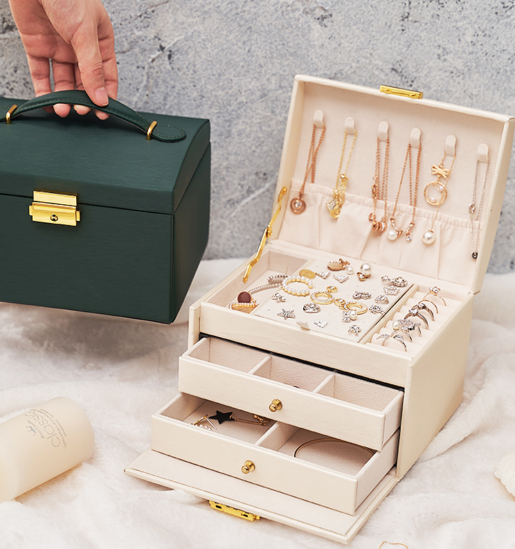 3 Layers Jewelry Box With Lock , Storage Organizer Jewelry Travel Box