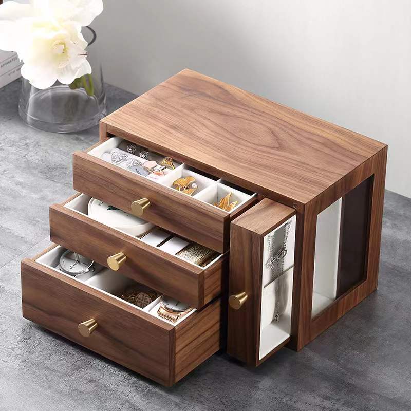 Wood Jewelry Box Organizer with 3 Drawers and 1 Glass Side Drawer