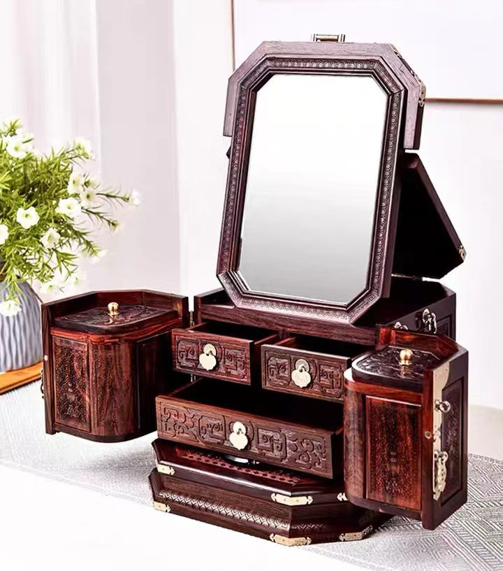 Hand Carved Large Size Sandalwood Jewelry Wooden Box Organizer Dresser With Mirror