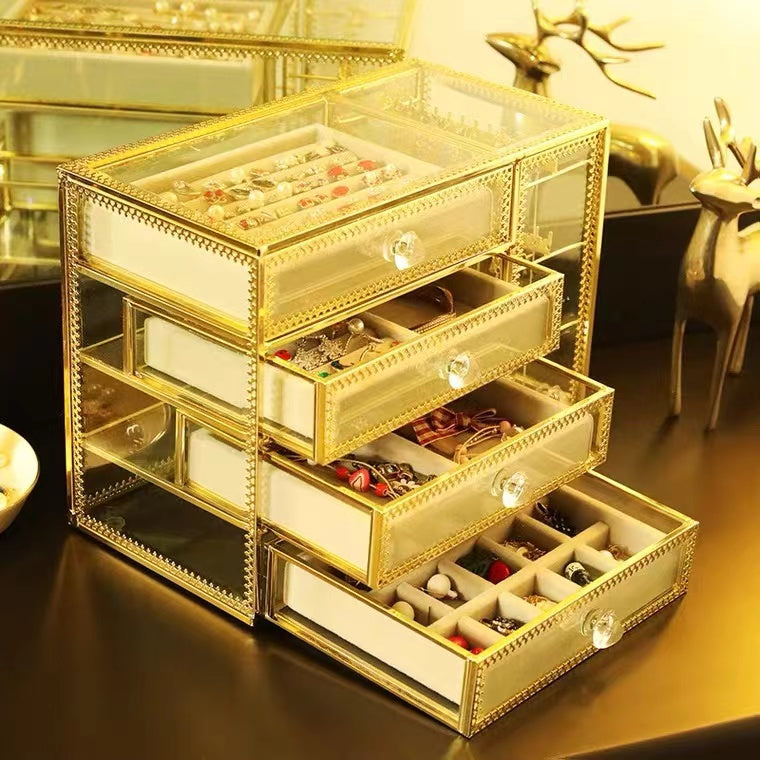 Glass Mirrored 4 Drawers Gold Jewelry Storage Box Vintage Metal Edge Jewelry Organizer
