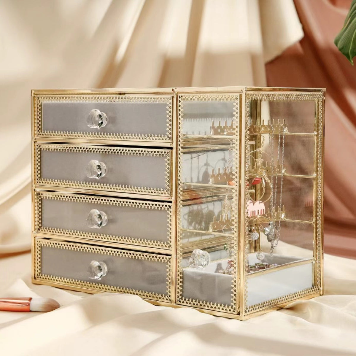 Golden Brass Vintage Glass 4 Drawers Jewelry buy Box with Earrings Hanging Stand