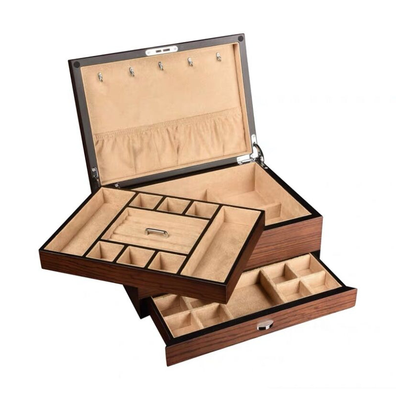 Vintage Ebony Wood Jewelry Box Three-Layers Large Capacity Jewelry Organizer WIth Lock - Nillishome