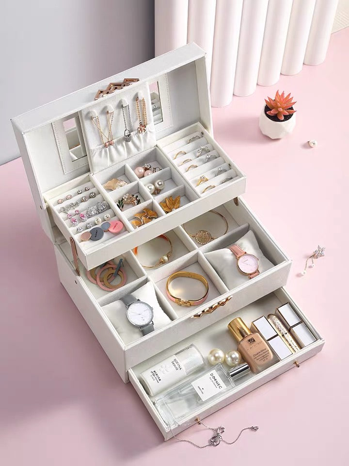 Jewelry Box Organizer Three-Layers Leather Jewelry Display Case with Mirror - Nillishome