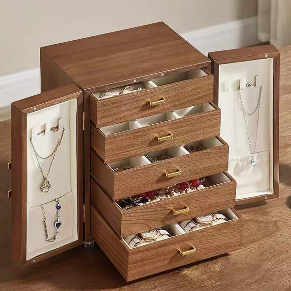 Double Door Design Large Real Wooden Jewelry Box Organizer With 5 Drawers