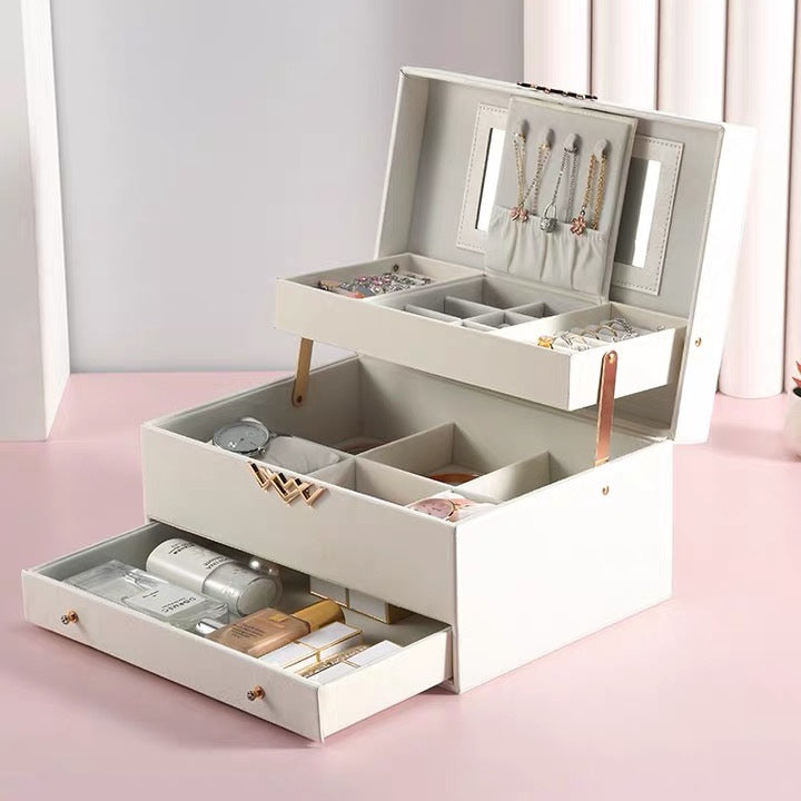 Jewelry Box Organizer Three-Layers Leather Jewelry Display Case with Mirror - Nillishome