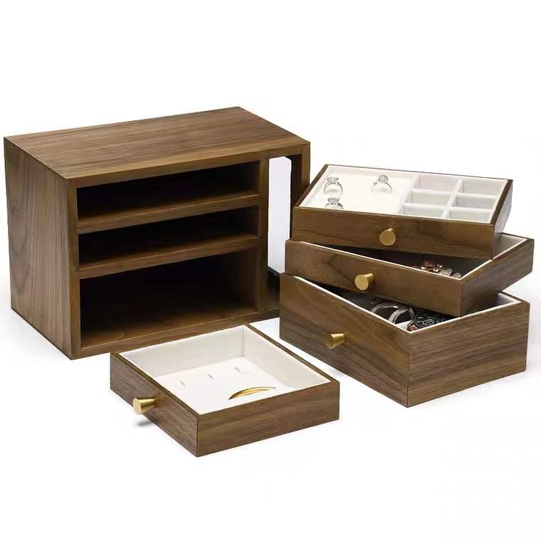 Wood Jewelry Box Organizer with 3 Drawers and 1 Glass Side Drawer