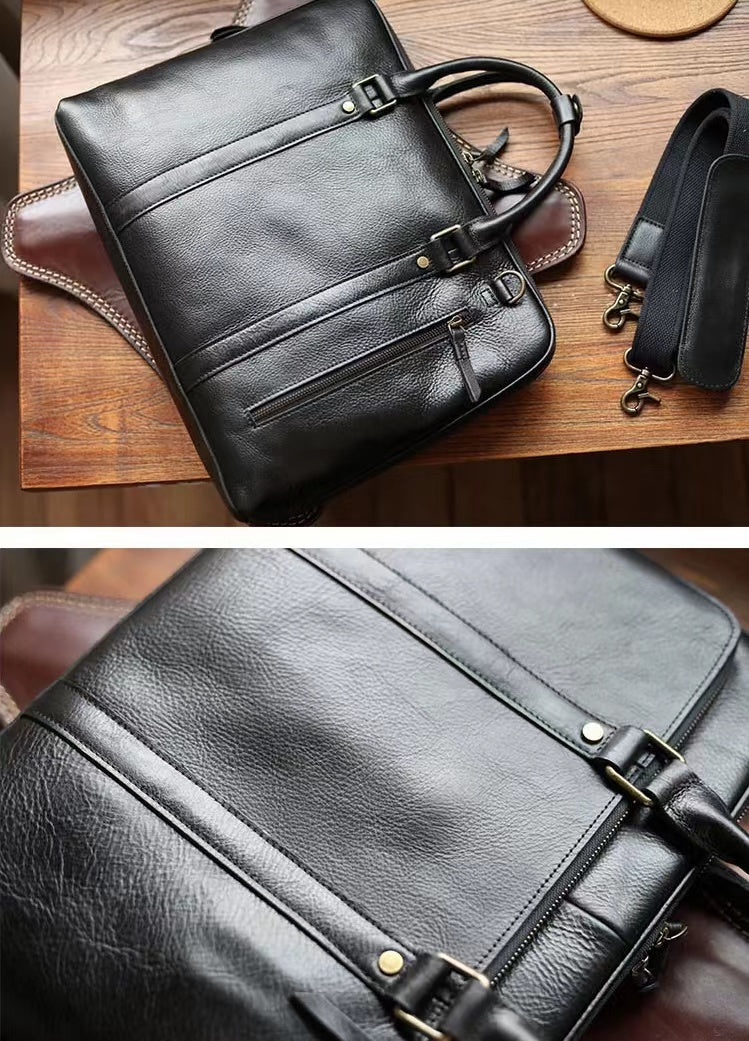 Handmade Men's Full Leather Briefcase Business Travel Laptop Messenger Bag Tote ，Fits 15.6 Inch Laptop