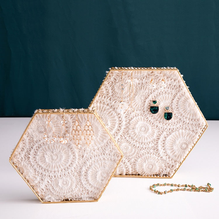 Vintage Style Gold Decorative Hexagonal Jewelry Trays WIth Lace - Nillishome