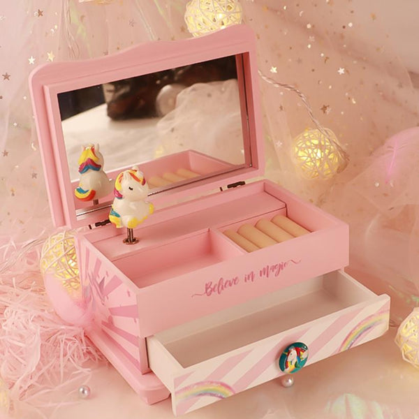 Unicorn & Flamingo Musical Jewelry Storage Box with Pullout Drawer